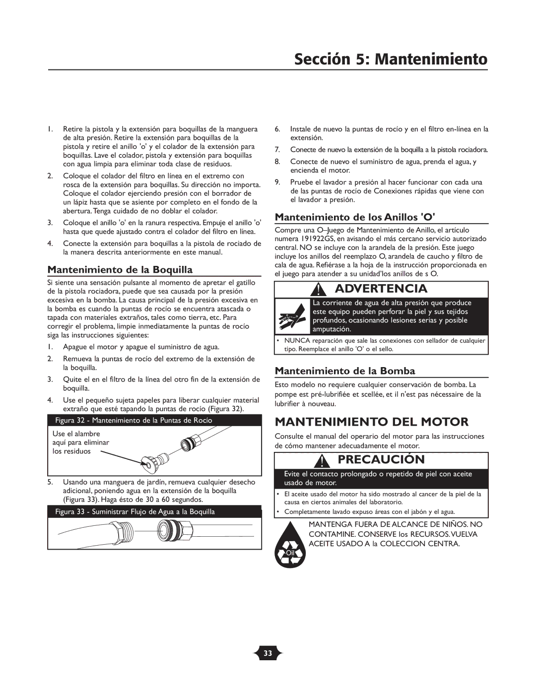 Troy-Bilt 020242-4 manual Sección 5 Mantenimiento, Mantenimiento DEL Motor, Mantenimiento de la Boquilla 