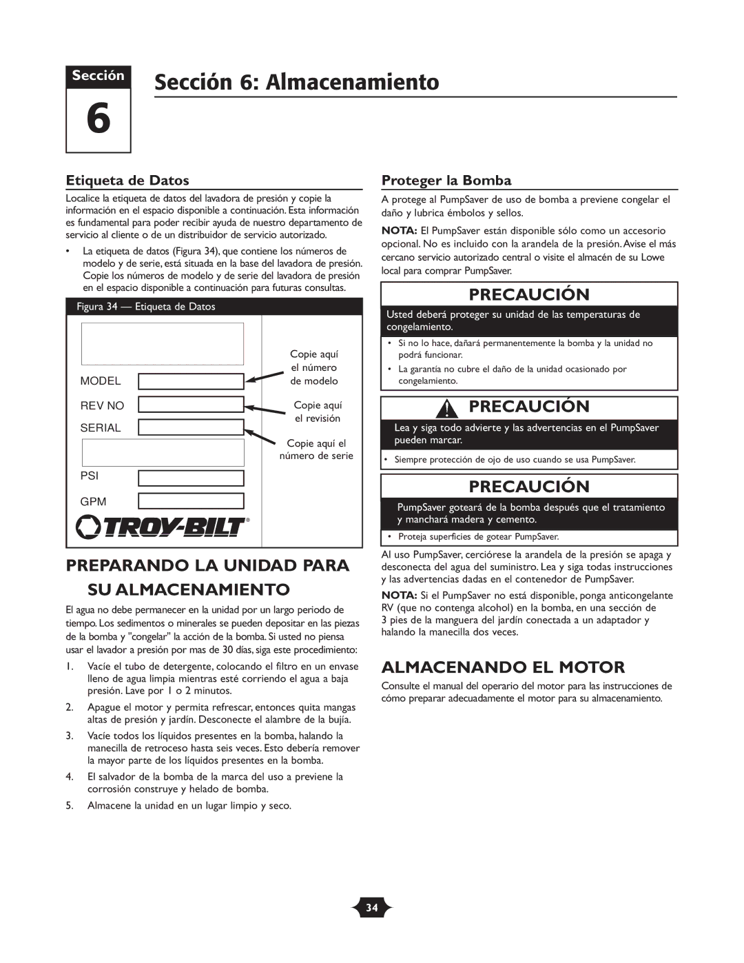 Troy-Bilt 020242-4 manual Sección 6 Almacenamiento, Preparando LA Unidad Para SU Almacenamiento, Almacenando EL Motor 