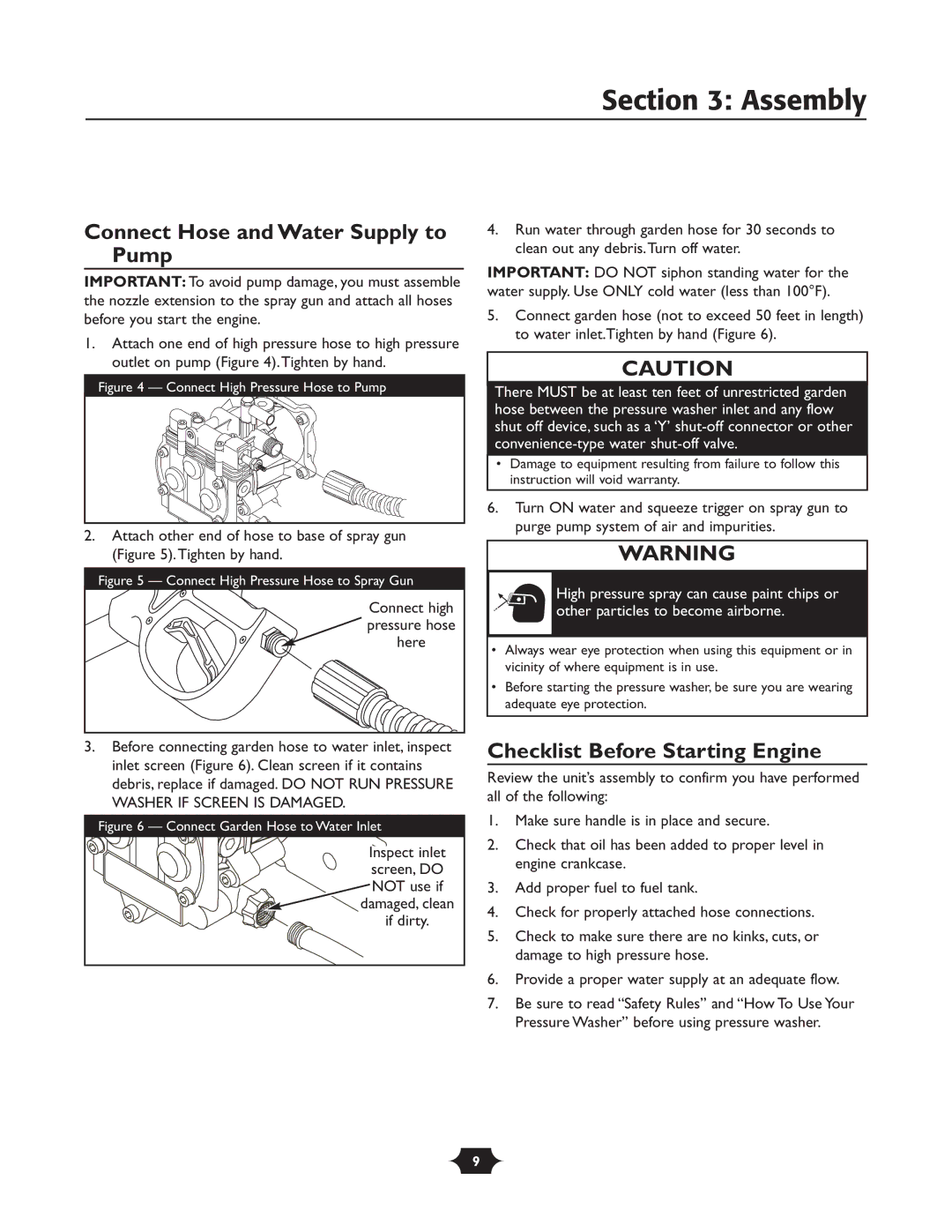 Troy-Bilt 020242-4 Connect Hose and Water Supply to Pump, Checklist Before Starting Engine, Inspect inlet, Screen, do 