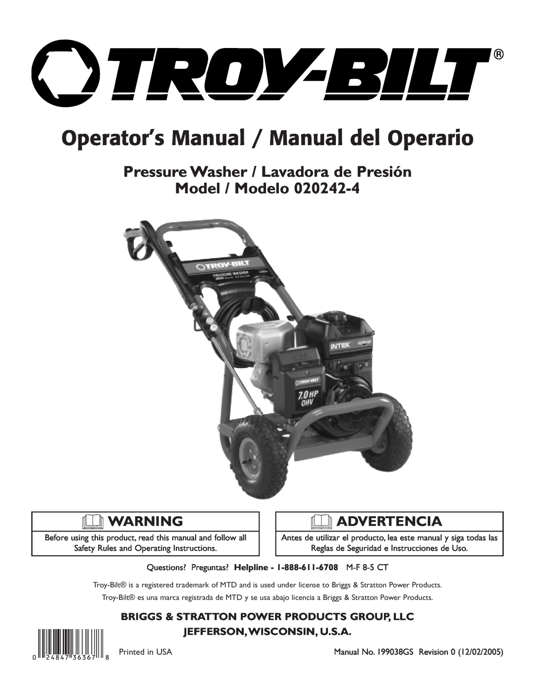 Troy-Bilt 020242-4 manual Pressure Washer / Lavadora de Presión, Model / Modelo, Jefferson,Wisconsin, U.S.A, Advertencia 