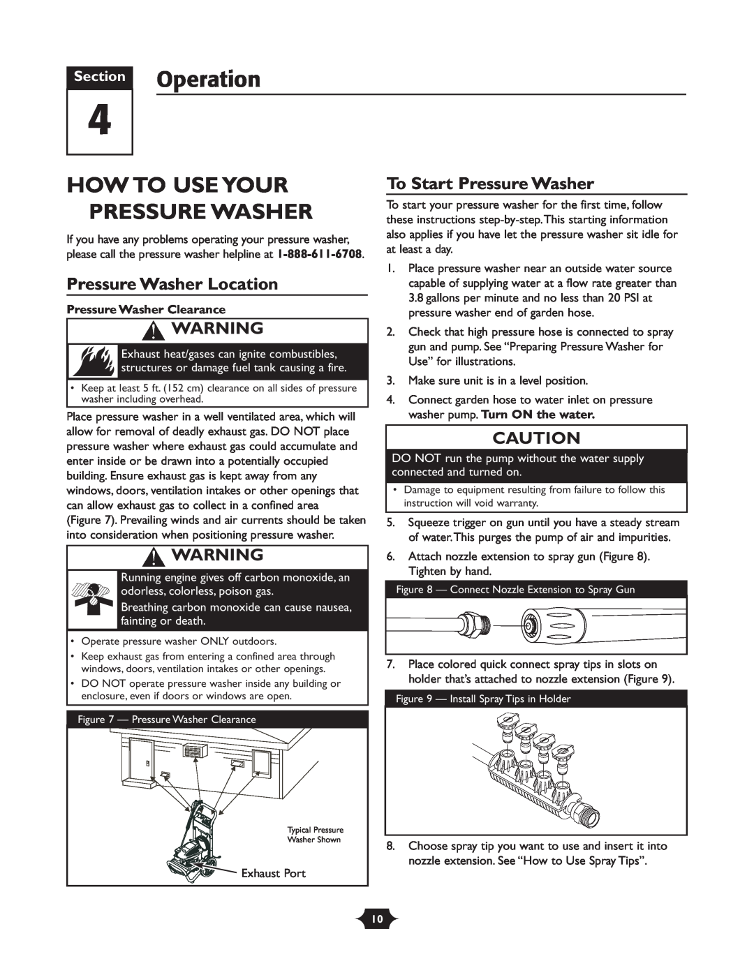 Troy-Bilt 020242-4 Section Operation, How To Use Your Pressure Washer, Pressure Washer Location, To Start Pressure Washer 