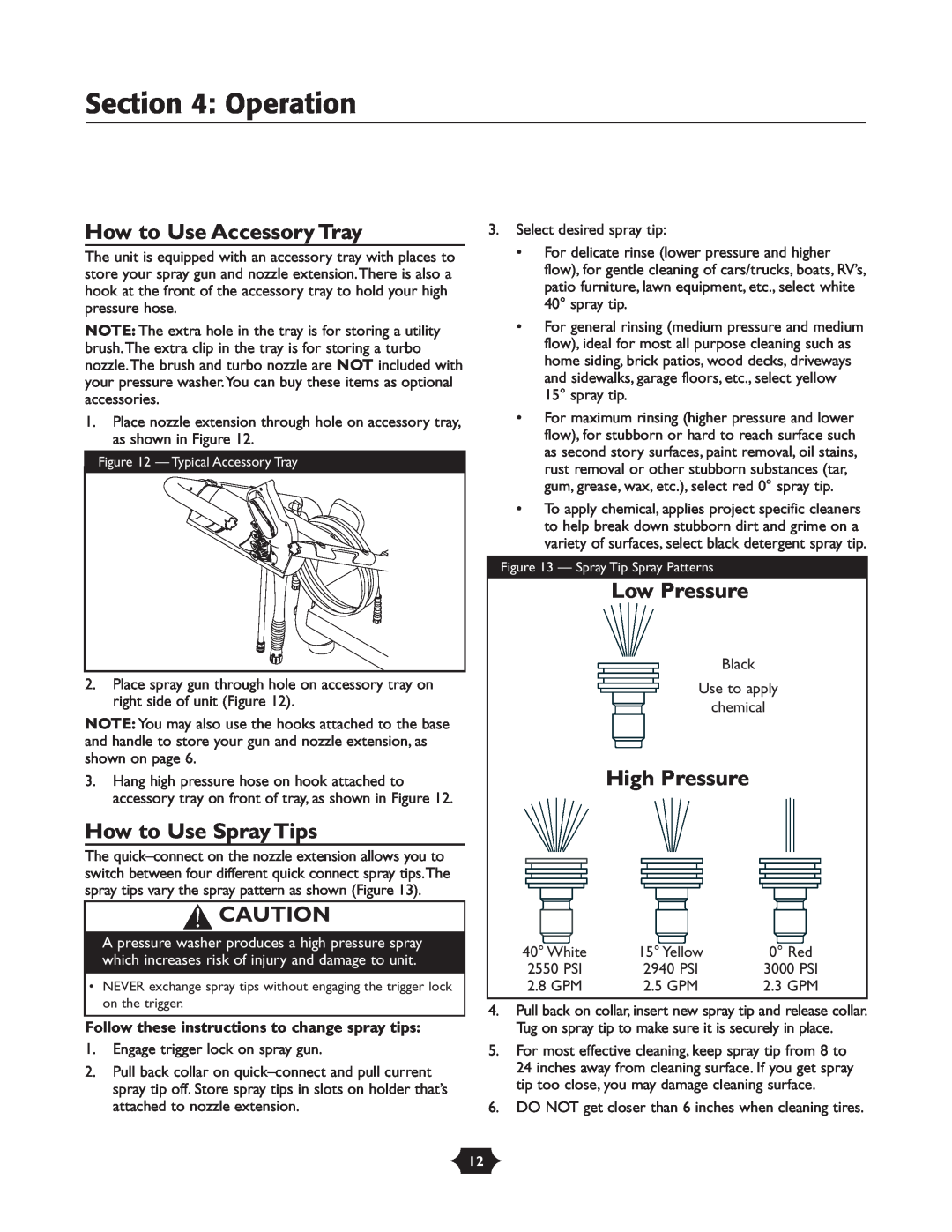 Troy-Bilt 020242-4 manual How to Use Accessory Tray, How to Use Spray Tips, Low Pressure, High Pressure, Operation 
