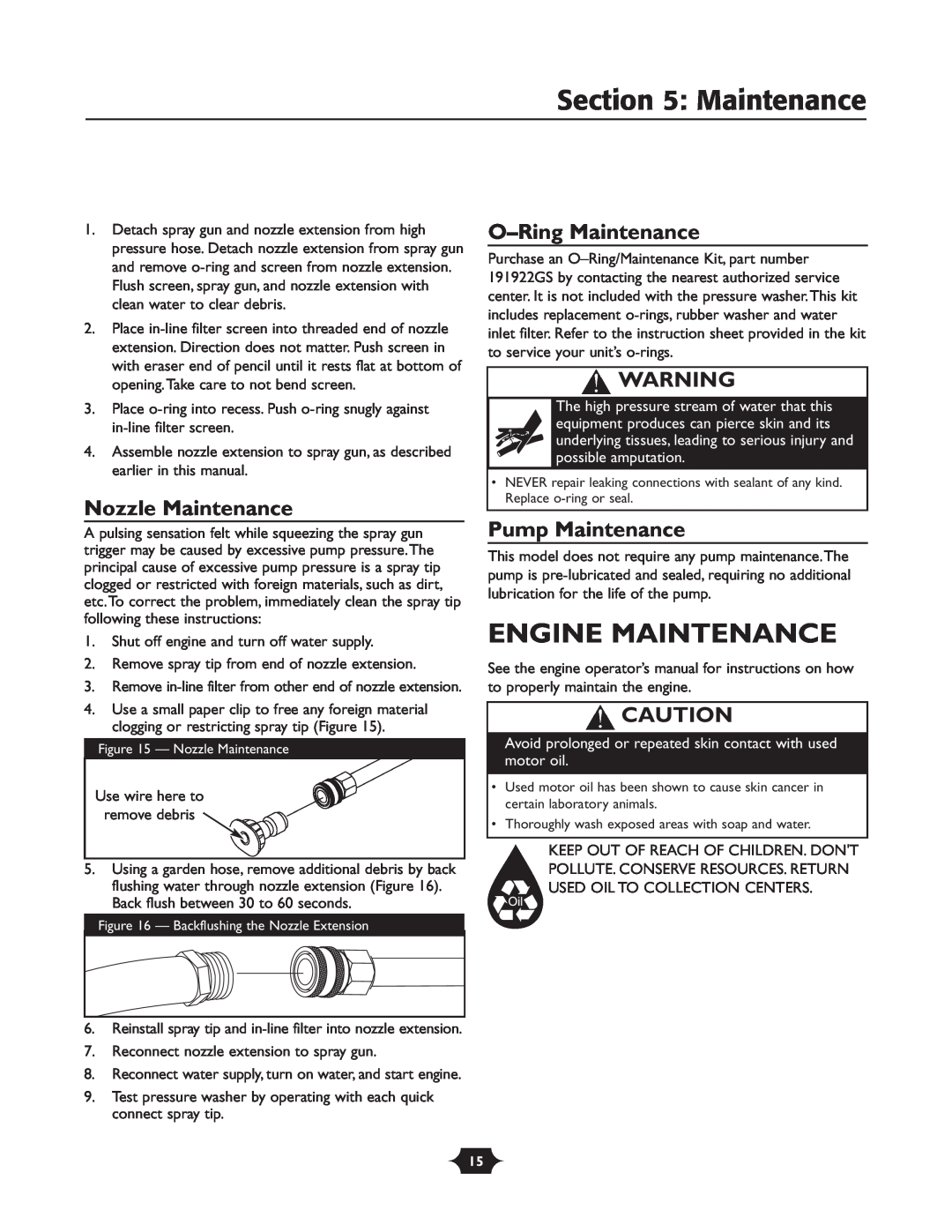 Troy-Bilt 020242-4 manual Engine Maintenance, Nozzle Maintenance, O-RingMaintenance, Pump Maintenance 