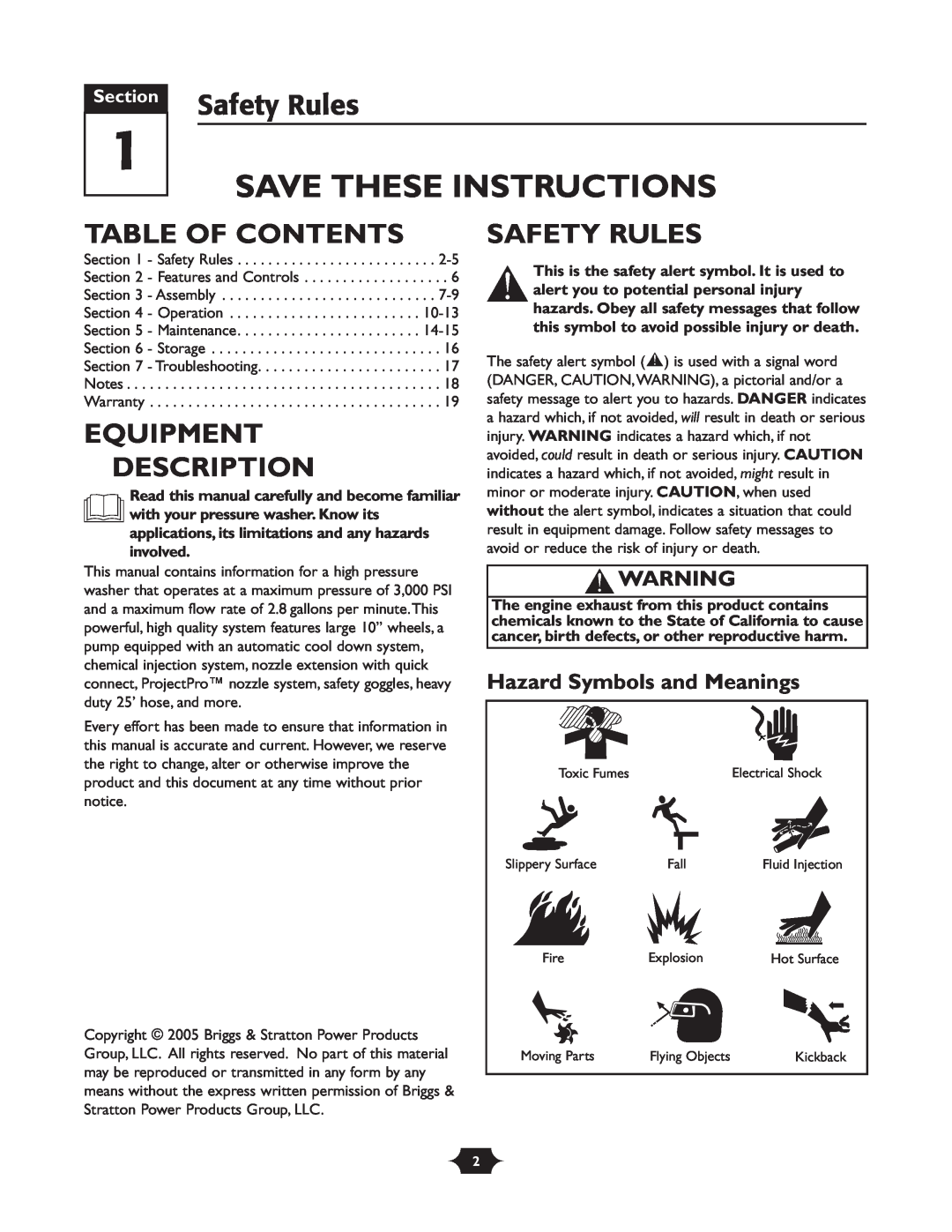 Troy-Bilt 020242-4 manual Safety Rules, Table Of Contents, Equipment Description, Hazard Symbols and Meanings, Section 