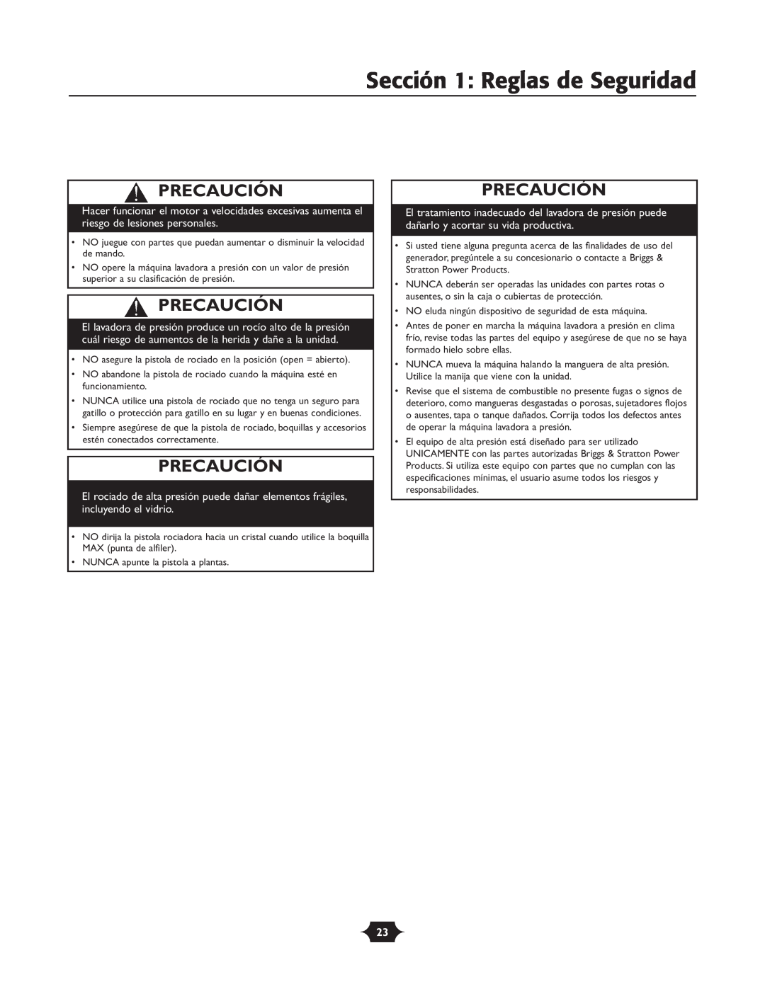 Troy-Bilt 020242-4 manual Precaución, Sección 1: Reglas de Seguridad 