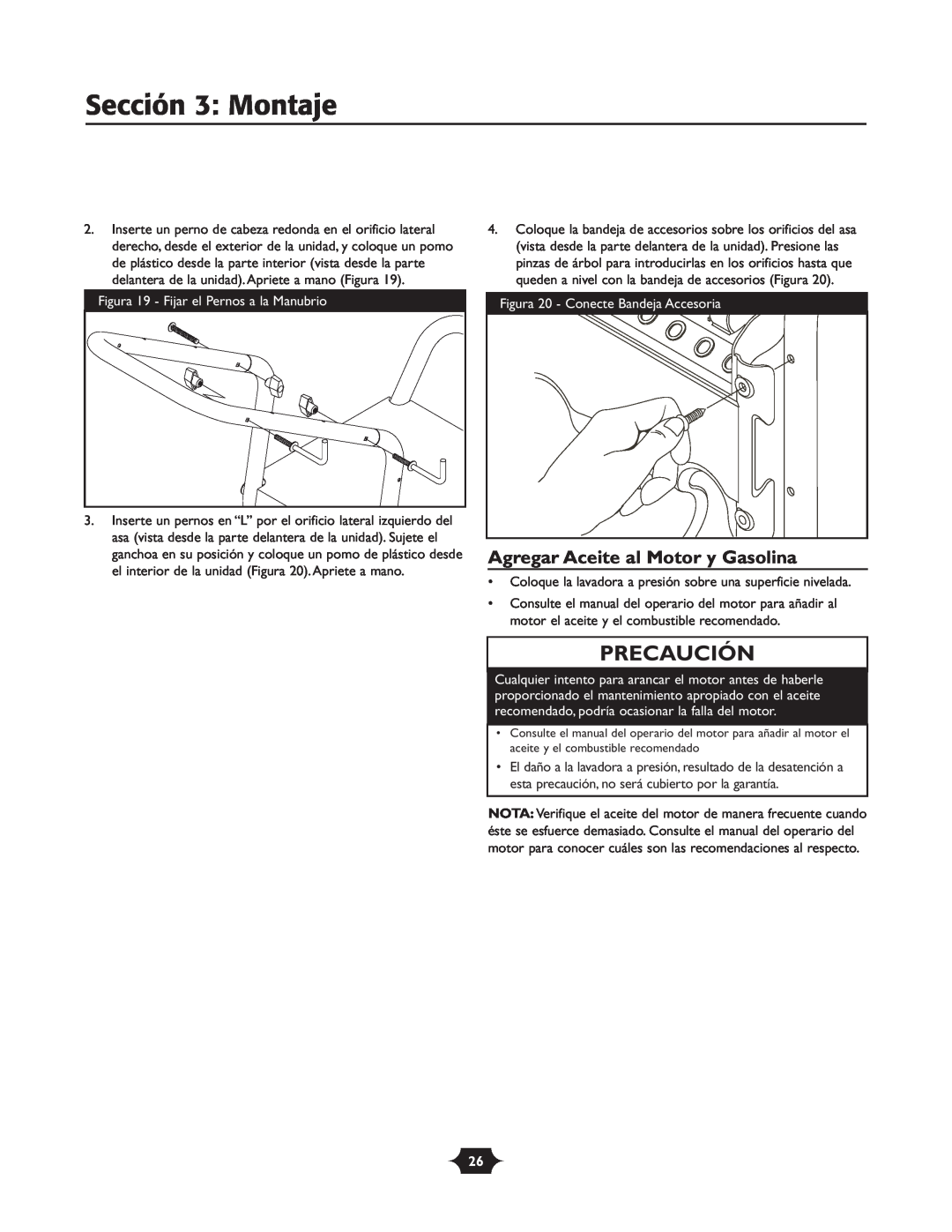 Troy-Bilt 020242-4 manual Sección 3 Montaje, Agregar Aceite al Motor y Gasolina, Precaución 