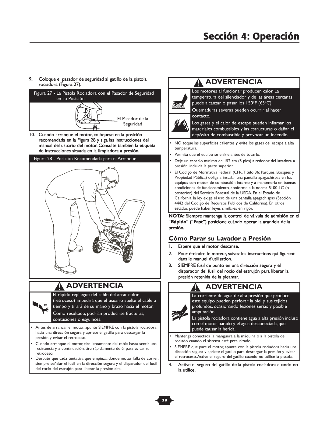 Troy-Bilt 020242-4 manual Sección 4 Operación, Cómo Parar su Lavador a Presión, Advertencia 