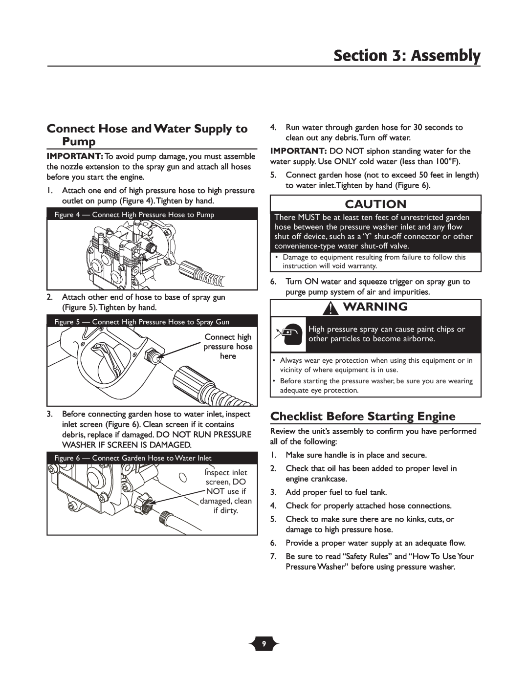 Troy-Bilt 020242-4 manual Connect Hose and Water Supply to Pump, Checklist Before Starting Engine, Assembly 