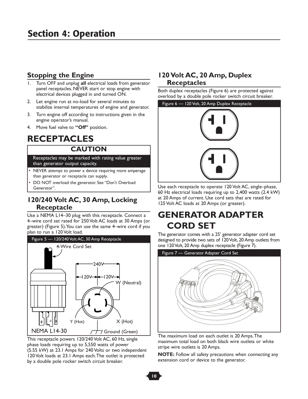 Troy-Bilt 030245 Receptacles, Generator Adapter Cord SET, Stopping the Engine, 120/240 Volt AC, 30 Amp, Locking Receptacle 