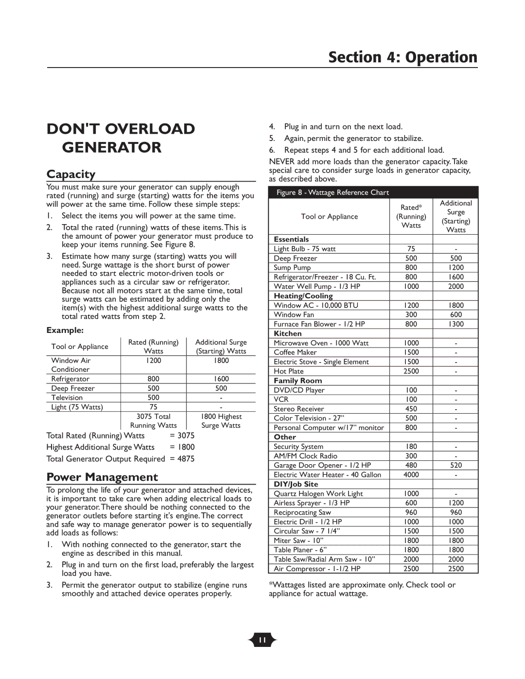 Troy-Bilt 030245 manual Dont Overload Generator, Capacity, Power Management, Example 