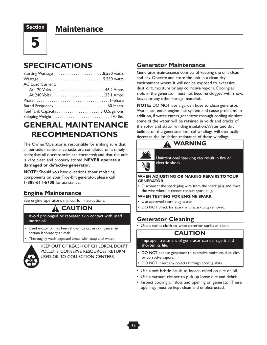 Troy-Bilt 030245 manual Specifications, General Maintenance Recommendations 