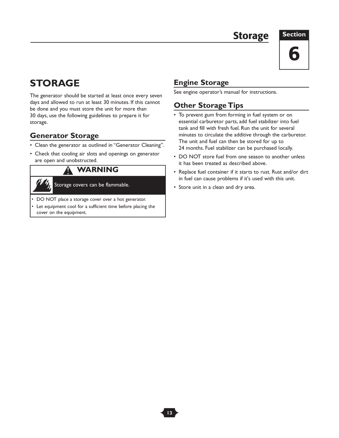 Troy-Bilt 030245 manual Storage Section, Generator Storage, Engine Storage, Other Storage Tips 