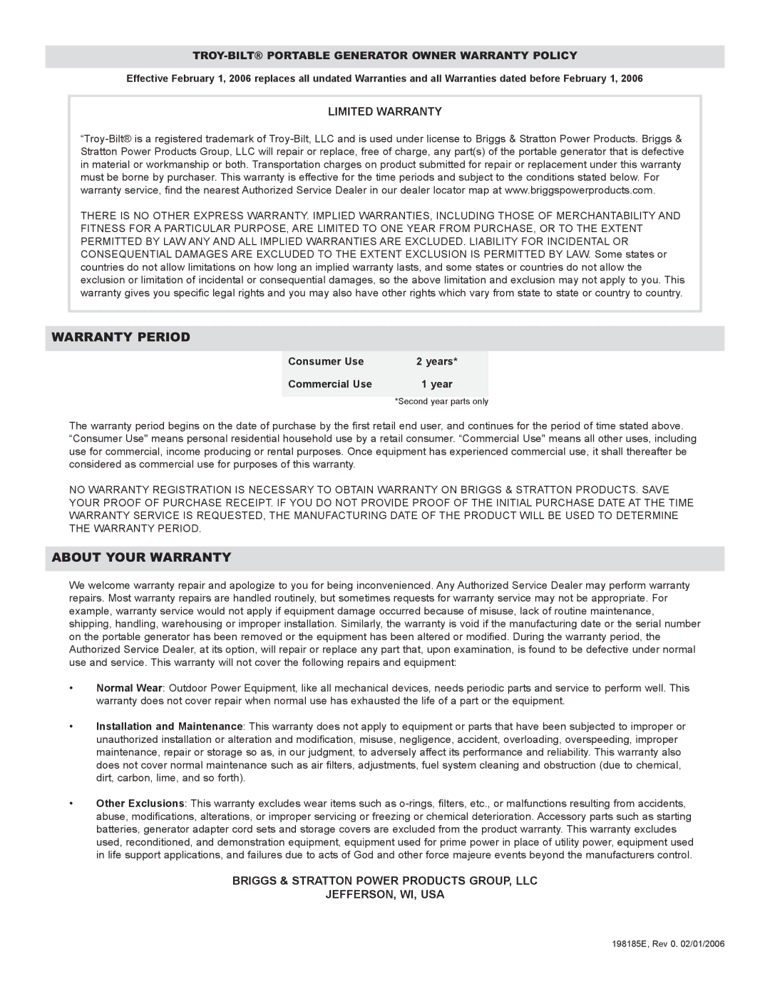 Troy-Bilt 030245 manual Limited Warranty, TROY-BILT Portable Generator Owner Warranty Policy 