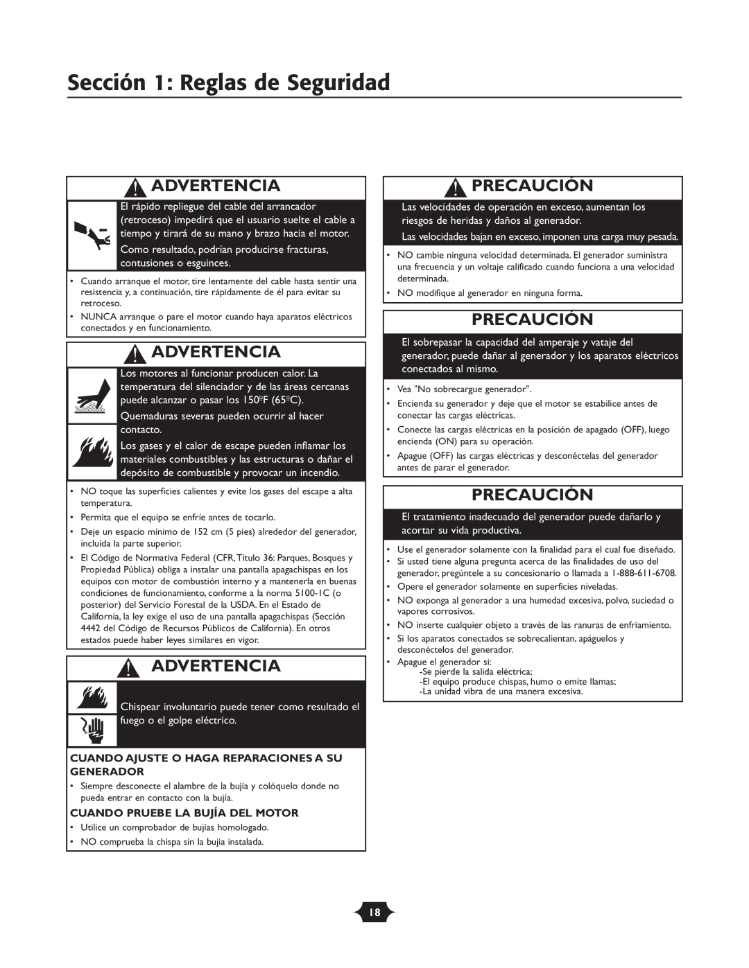 Troy-Bilt 030245 manual Precaución, Cuando Ajuste O Haga Reparaciones a SU Generador, Cuando Pruebe LA Bujía DEL Motor 