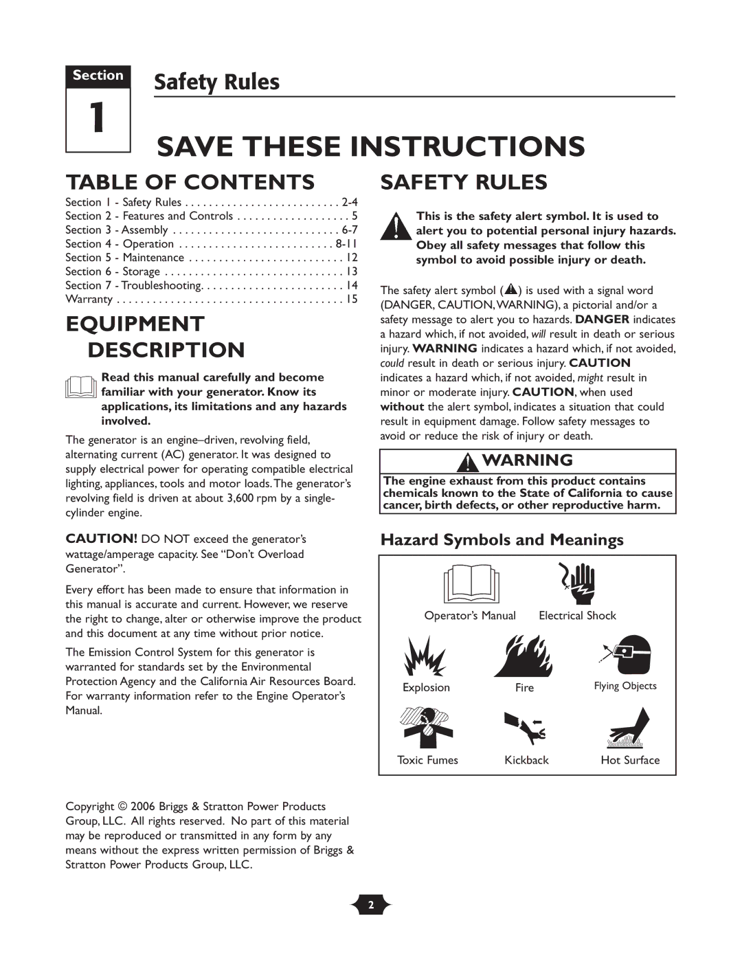 Troy-Bilt 030245 manual Table of Contents, Equipment Description, Safety Rules 