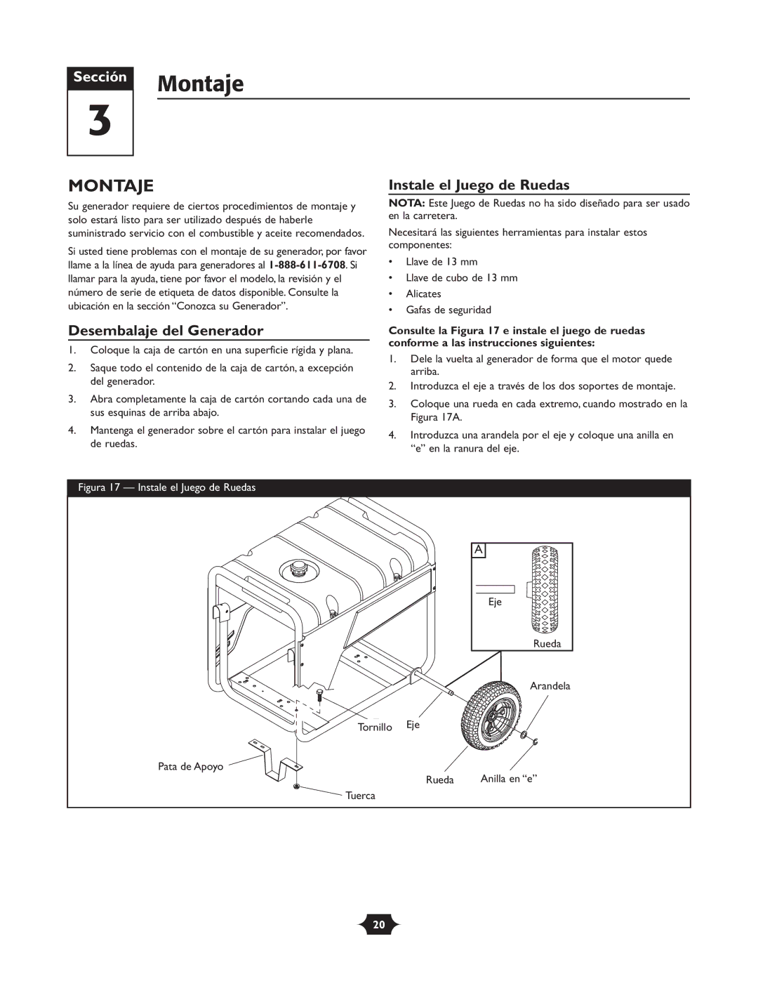 Troy-Bilt 030245 manual Montaje, Desembalaje del Generador, Instale el Juego de Ruedas 