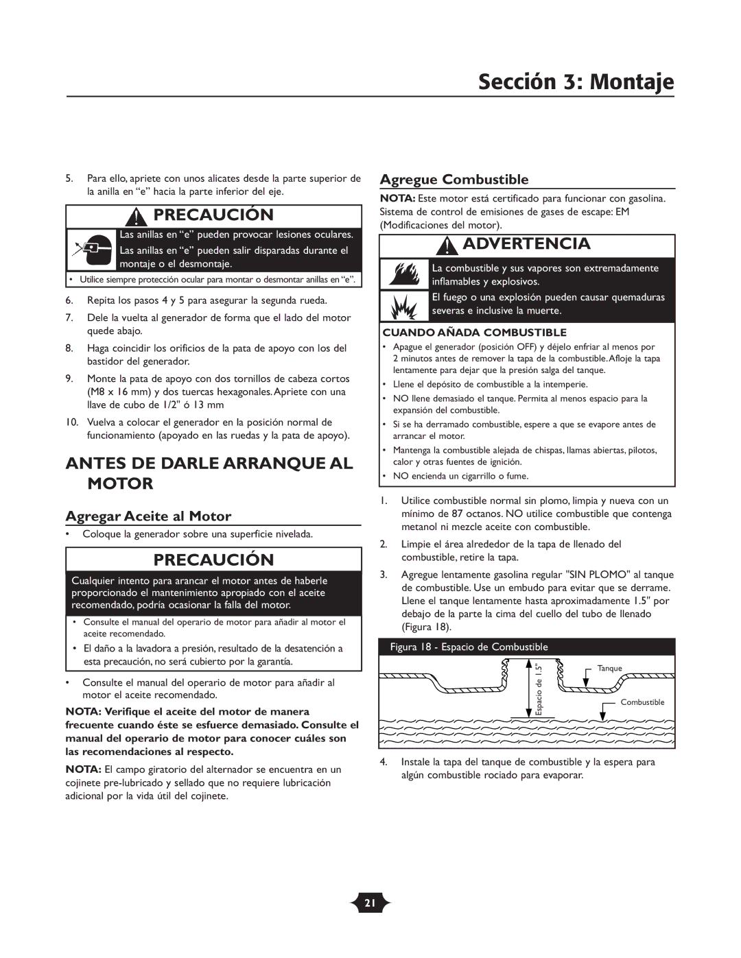 Troy-Bilt 030245 manual Sección 3 Montaje, Antes DE Darle Arranque AL Motor, Agregar Aceite al Motor, Agregue Combustible 