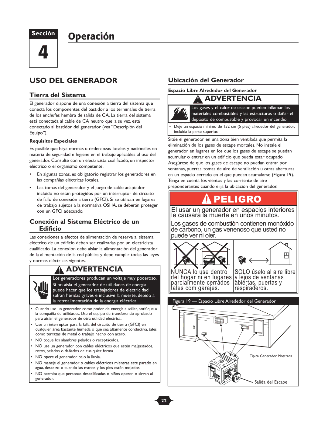 Troy-Bilt 030245 manual Operación, USO DEL Generador, Tierra del Sistema, Conexión al Sistema Eléctrico de un Edificio 