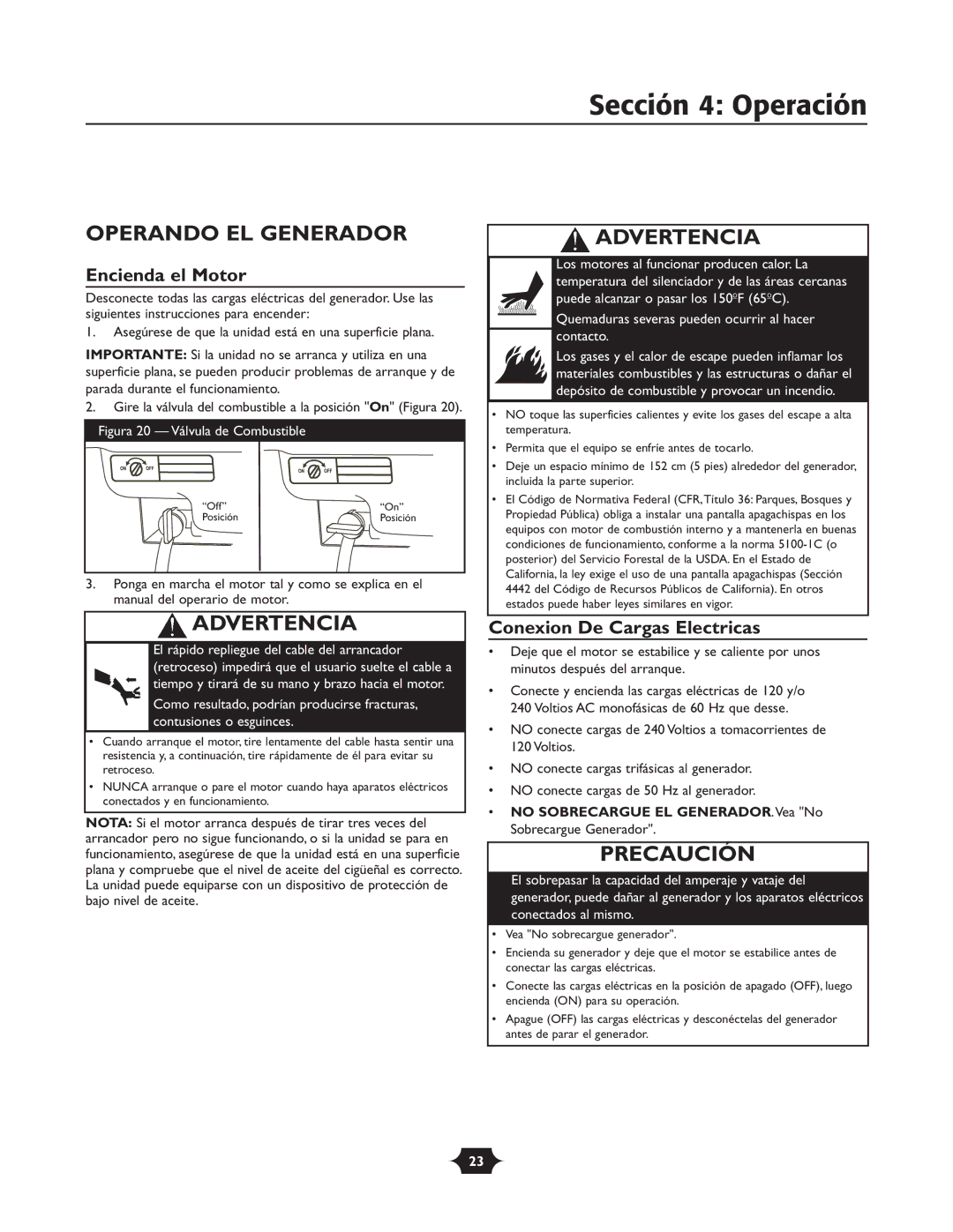 Troy-Bilt 030245 manual Sección 4 Operación, Operando EL Generador, Encienda el Motor, Conexion De Cargas Electricas 