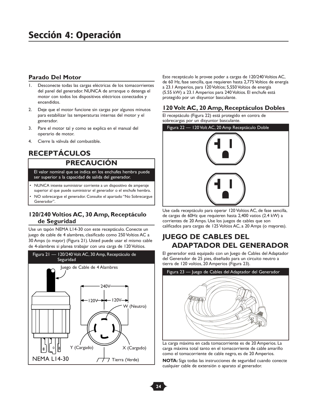 Troy-Bilt 030245 manual Receptáculos Precaución, Juego DE Cables DEL Adaptador DEL Generador, Parado Del Motor 