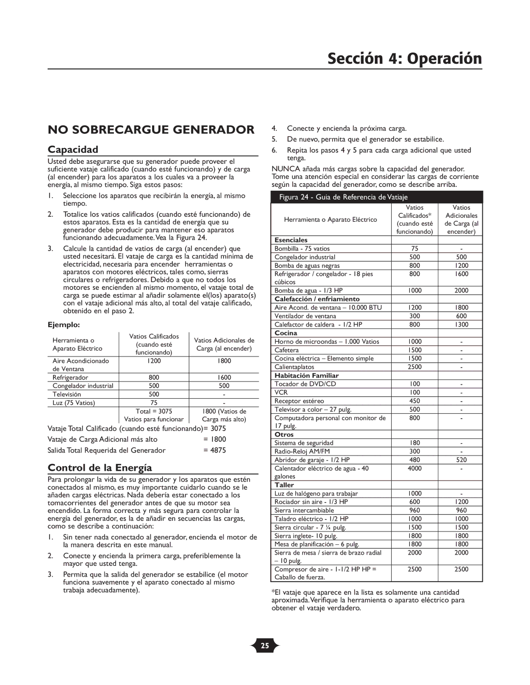 Troy-Bilt 030245 manual No Sobrecargue Generador, Capacidad, Control de la Energía, Ejemplo 