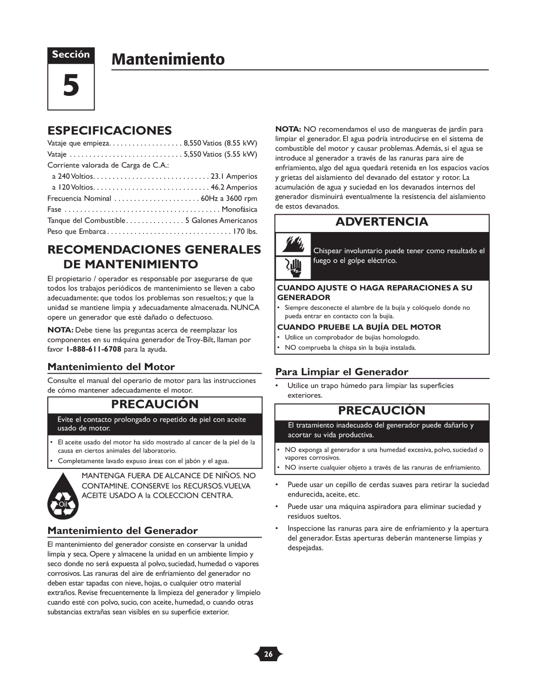 Troy-Bilt 030245 manual Especificaciones, Recomendaciones Generales DE Mantenimiento 