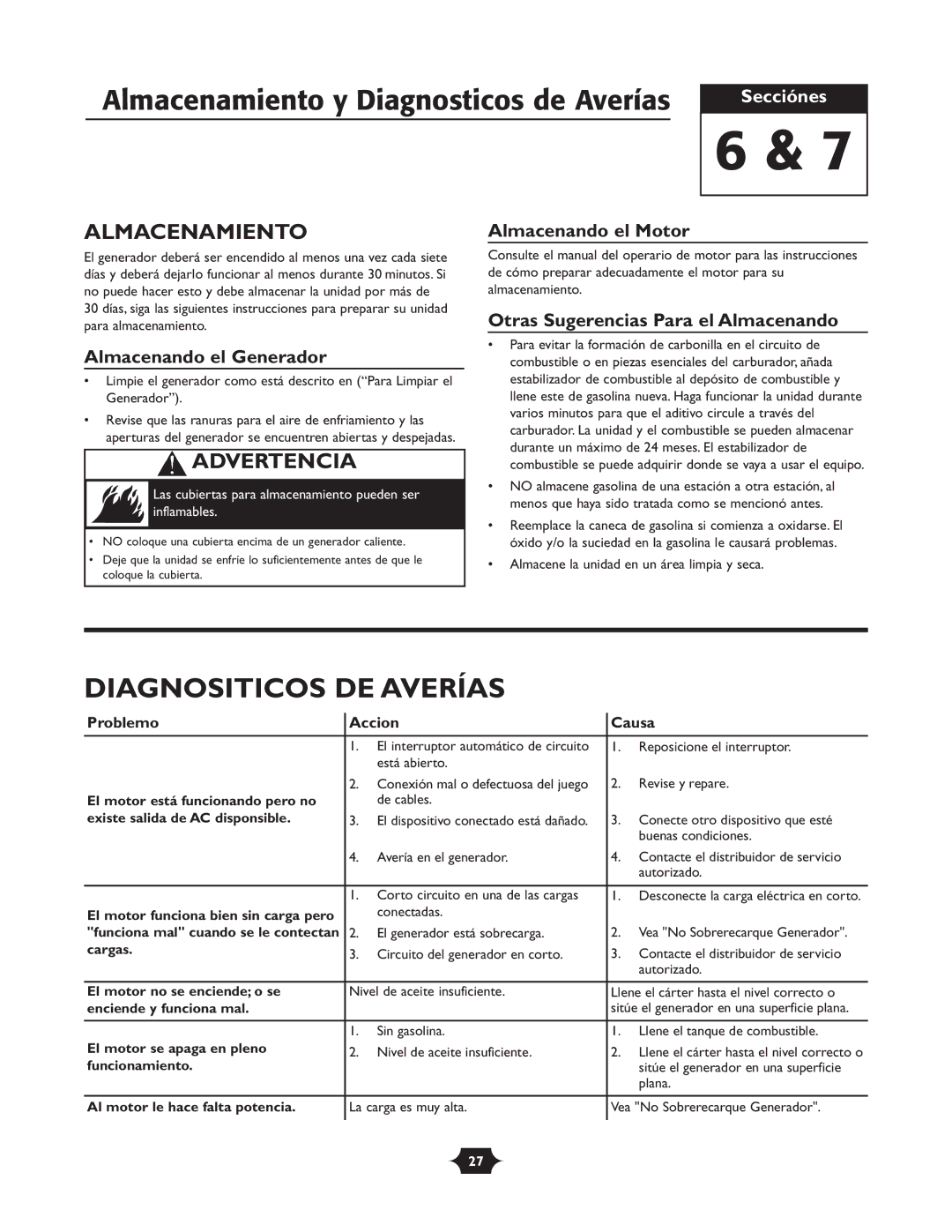 Troy-Bilt 030245 manual Diagnositicos DE Averías, Almacenamiento, Almacenando el Generador, Almacenando el Motor 