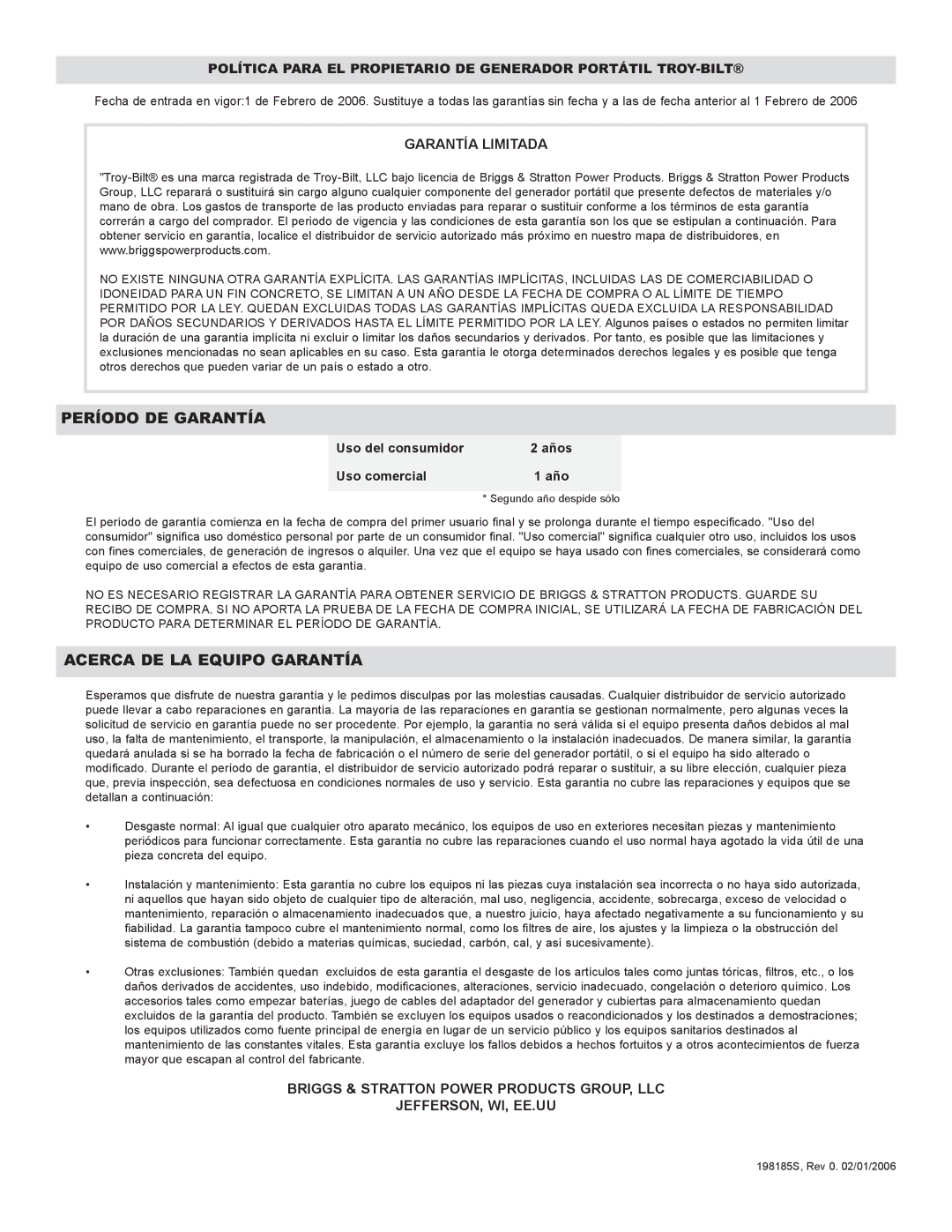 Troy-Bilt 030245 manual Período DE Garantía, Garantía Limitada 