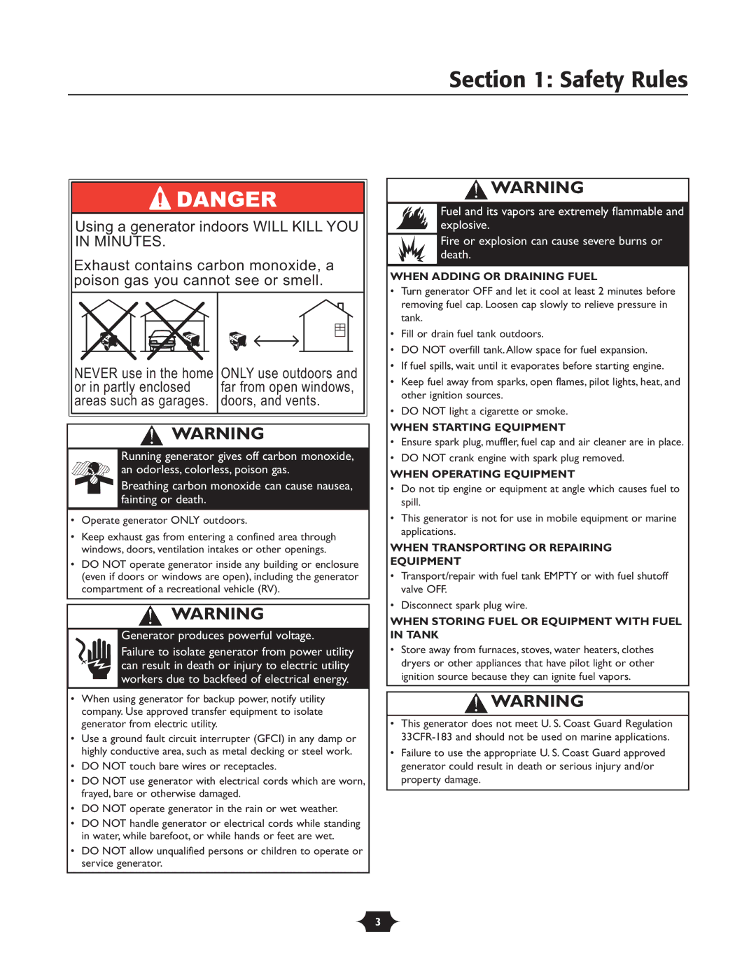 Troy-Bilt 030245 manual When Adding or Draining Fuel, When Starting Equipment, When Operating Equipment 