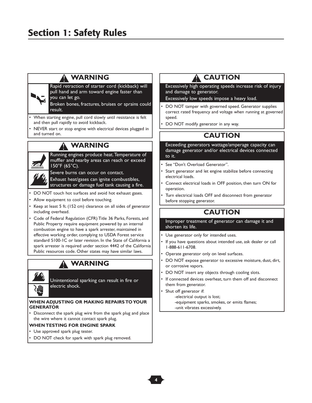 Troy-Bilt 030245 manual When Adjusting or Making Repairs to Your Generator, When Testing for Engine Spark 