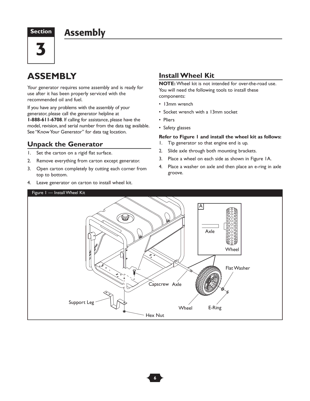 Troy-Bilt 030245 manual Assembly, Install Wheel Kit, Unpack the Generator, Refer to and install the wheel kit as follows 