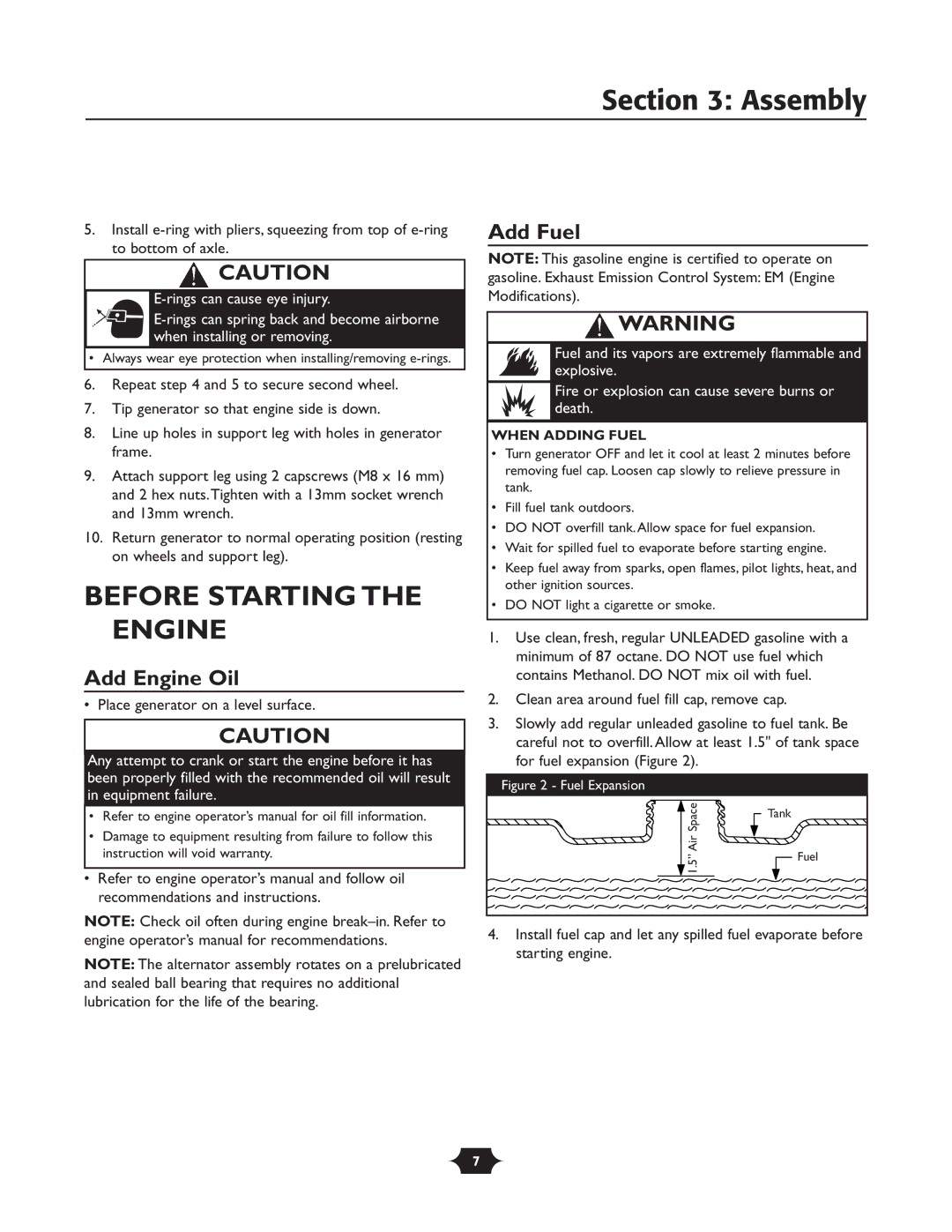 Troy-Bilt 030245 manual Assembly, Before Starting the Engine, Add Engine Oil, Add Fuel, When Adding Fuel 