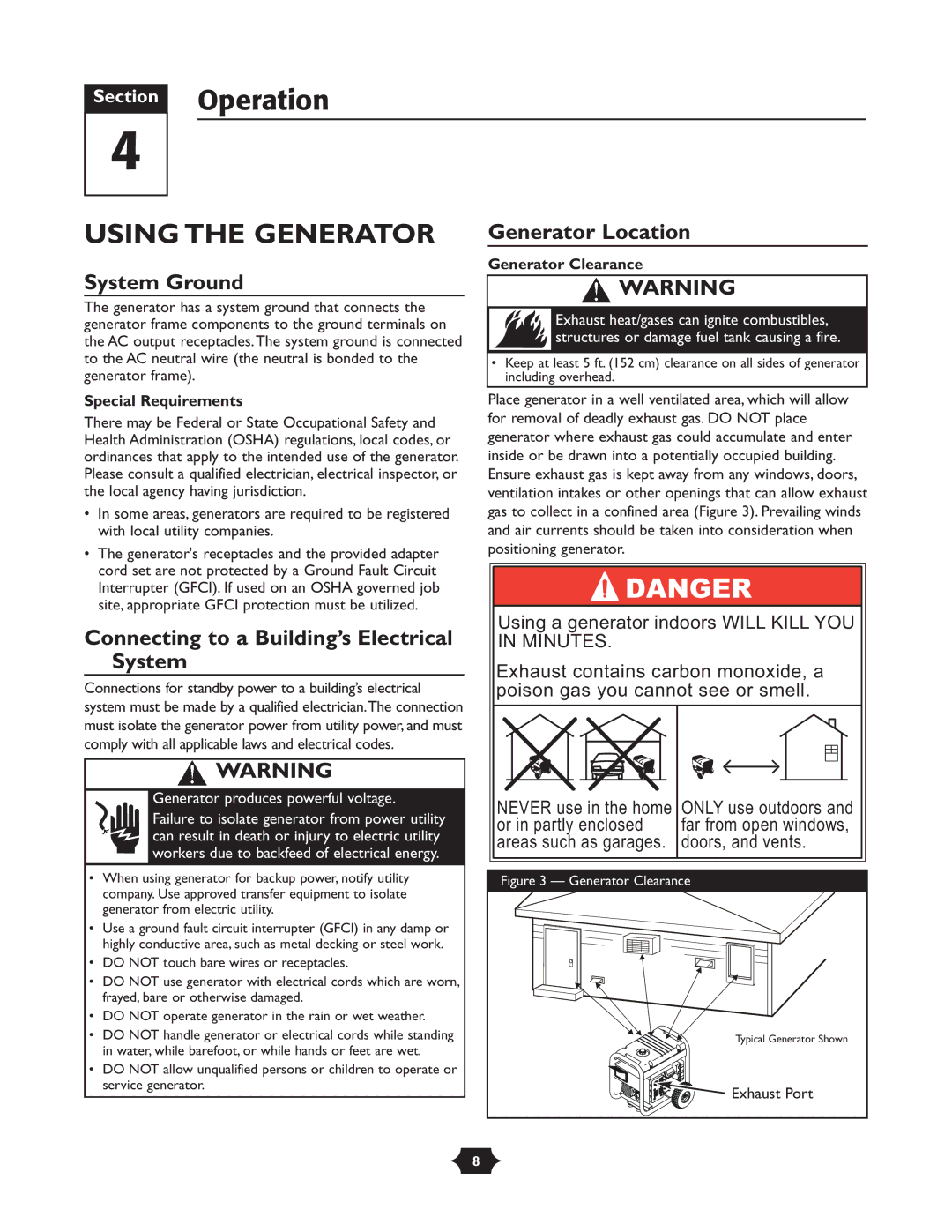 Troy-Bilt 030245 manual Section Operation, Using the Generator, System Ground, Connecting to a Building’s Electrical System 