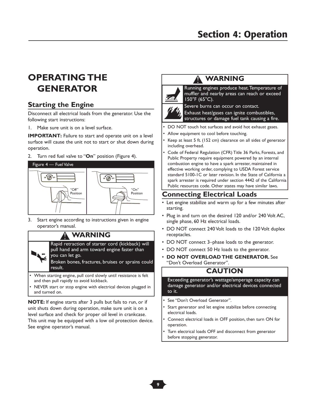 Troy-Bilt 030245 manual Operation, Operating Generator, Starting the Engine, Connecting Electrical Loads 