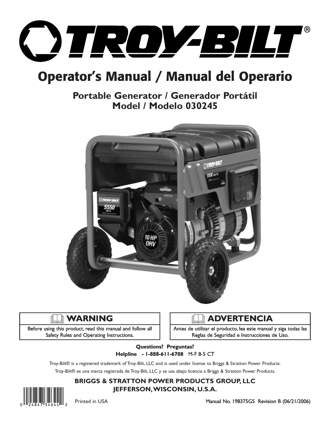 Troy-Bilt 030245 manual Portable Generator / Generador Portátil, Model / Modelo, Jefferson,Wisconsin, U.S.A, Advertencia 