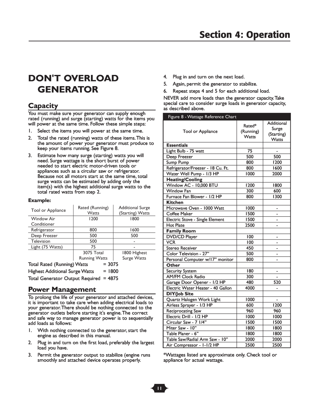 Troy-Bilt 030245 manual Dont Overload Generator, Capacity, Power Management, Operation 