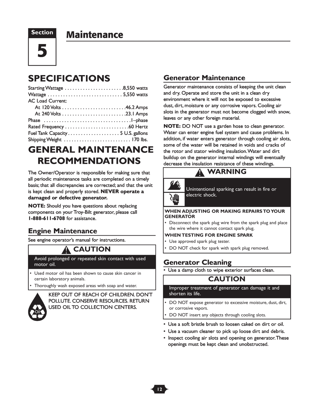 Troy-Bilt 030245 manual Specifications, General Maintenance Recommendations, Engine Maintenance, Generator Maintenance 
