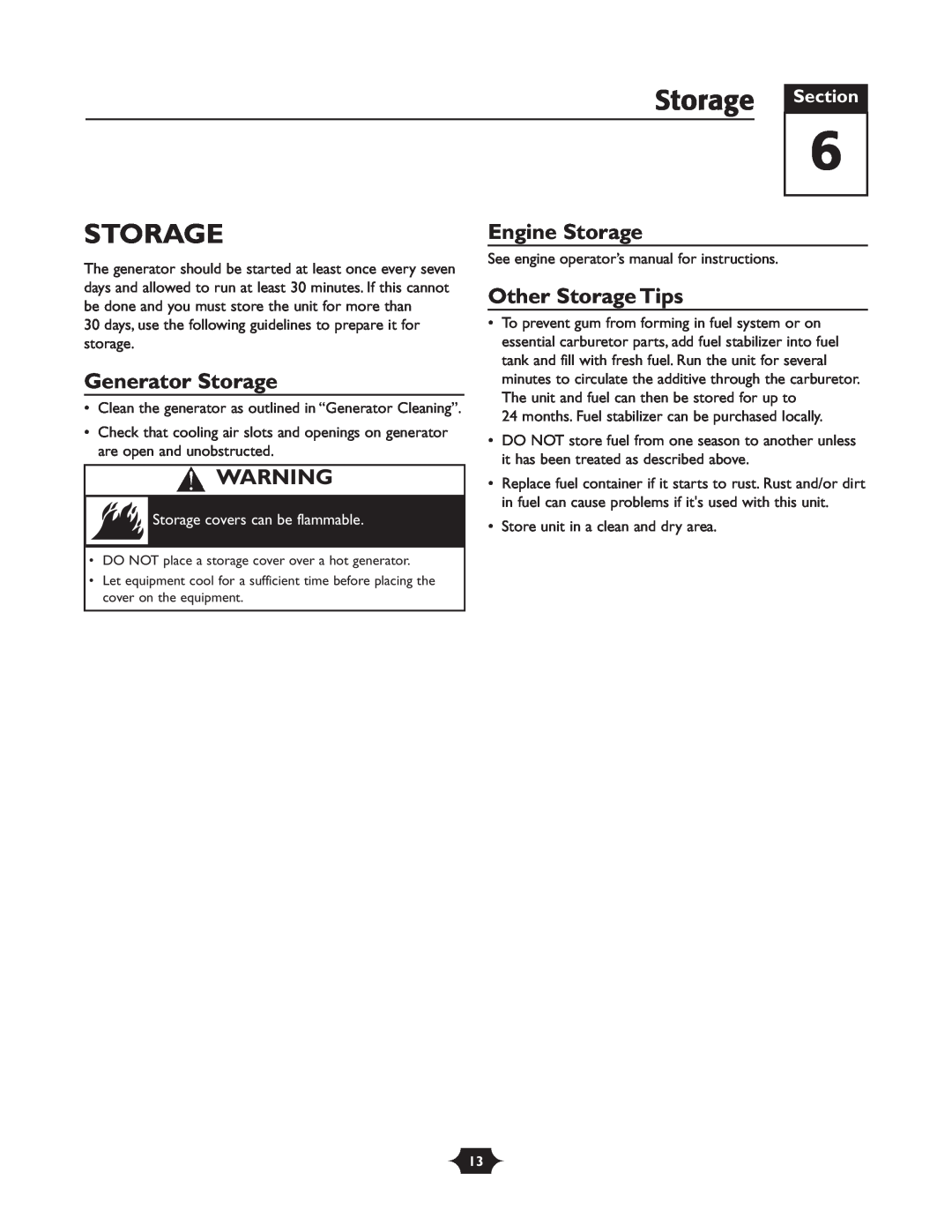 Troy-Bilt 030245 manual Storage Section, Generator Storage, Engine Storage, Other Storage Tips 