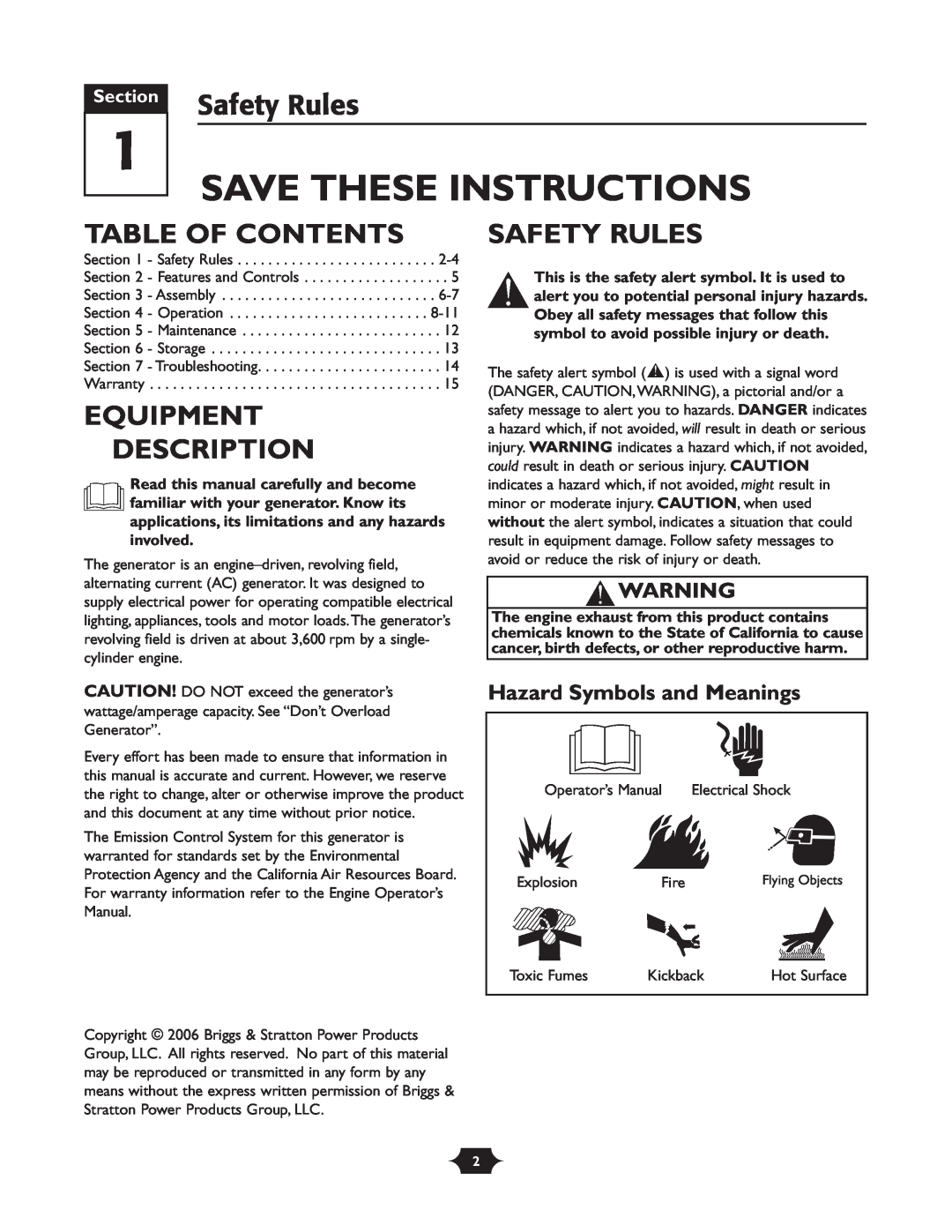 Troy-Bilt 030245 manual Safety Rules, Table Of Contents, Equipment Description, Hazard Symbols and Meanings, Section 