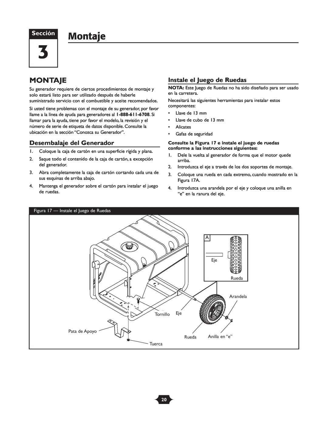 Troy-Bilt 030245 manual Montaje, Desembalaje del Generador, Instale el Juego de Ruedas, Sección 