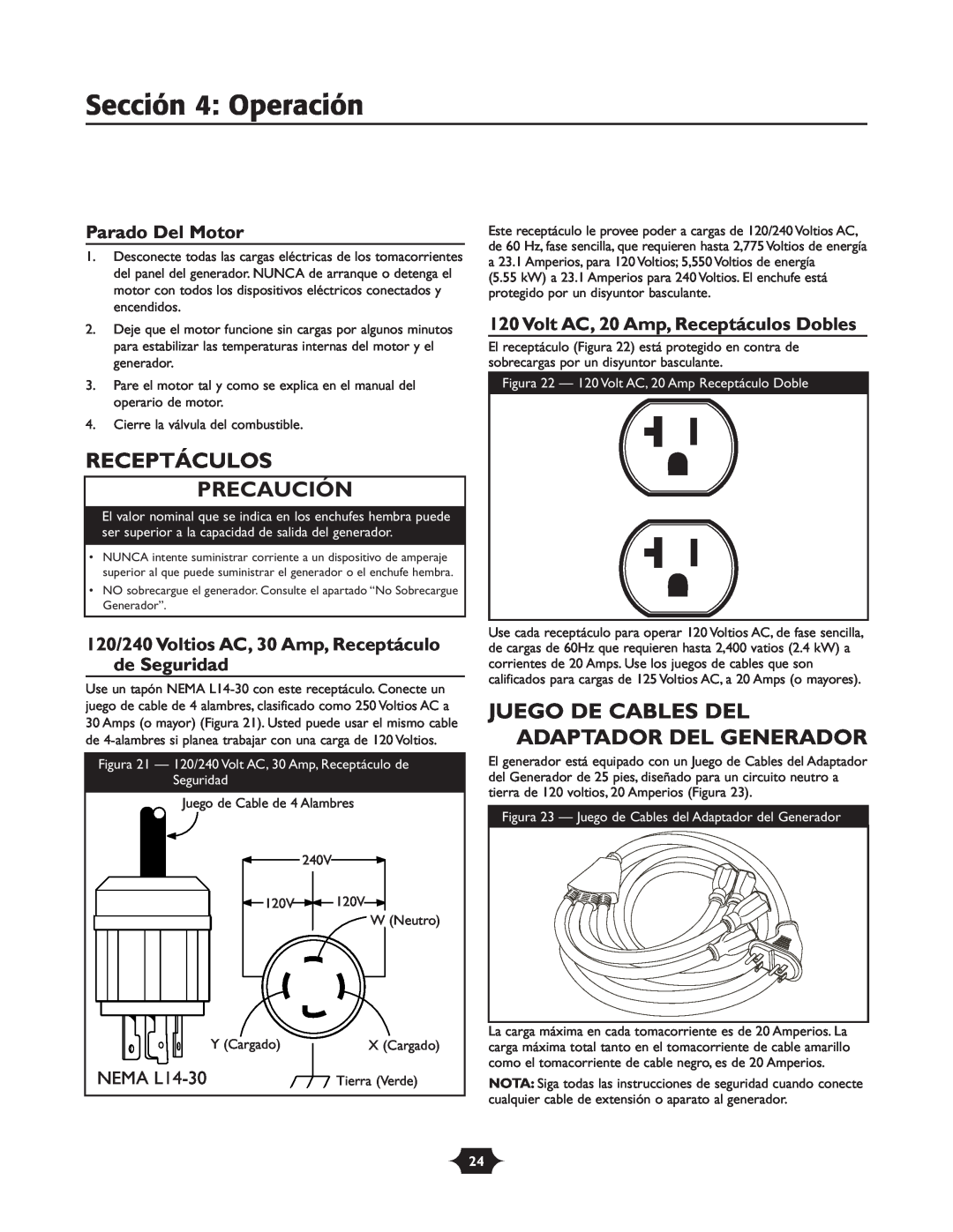 Troy-Bilt 030245 manual Receptáculos Precaución, Juego De Cables Del Adaptador Del Generador, Parado Del Motor, NEMA L14-30 