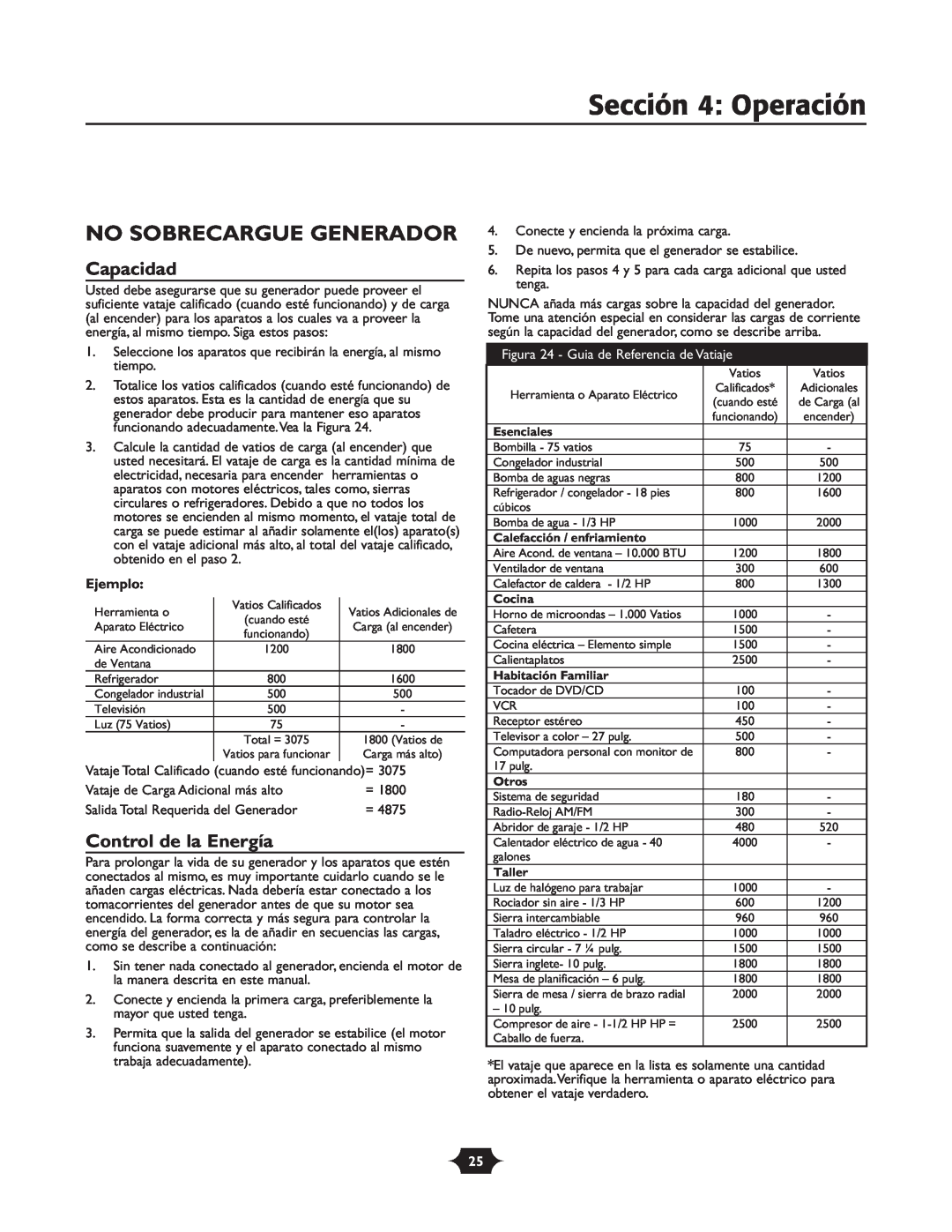 Troy-Bilt 030245 manual No Sobrecargue Generador, Capacidad, Control de la Energía, Sección 4 Operación, Ejemplo 