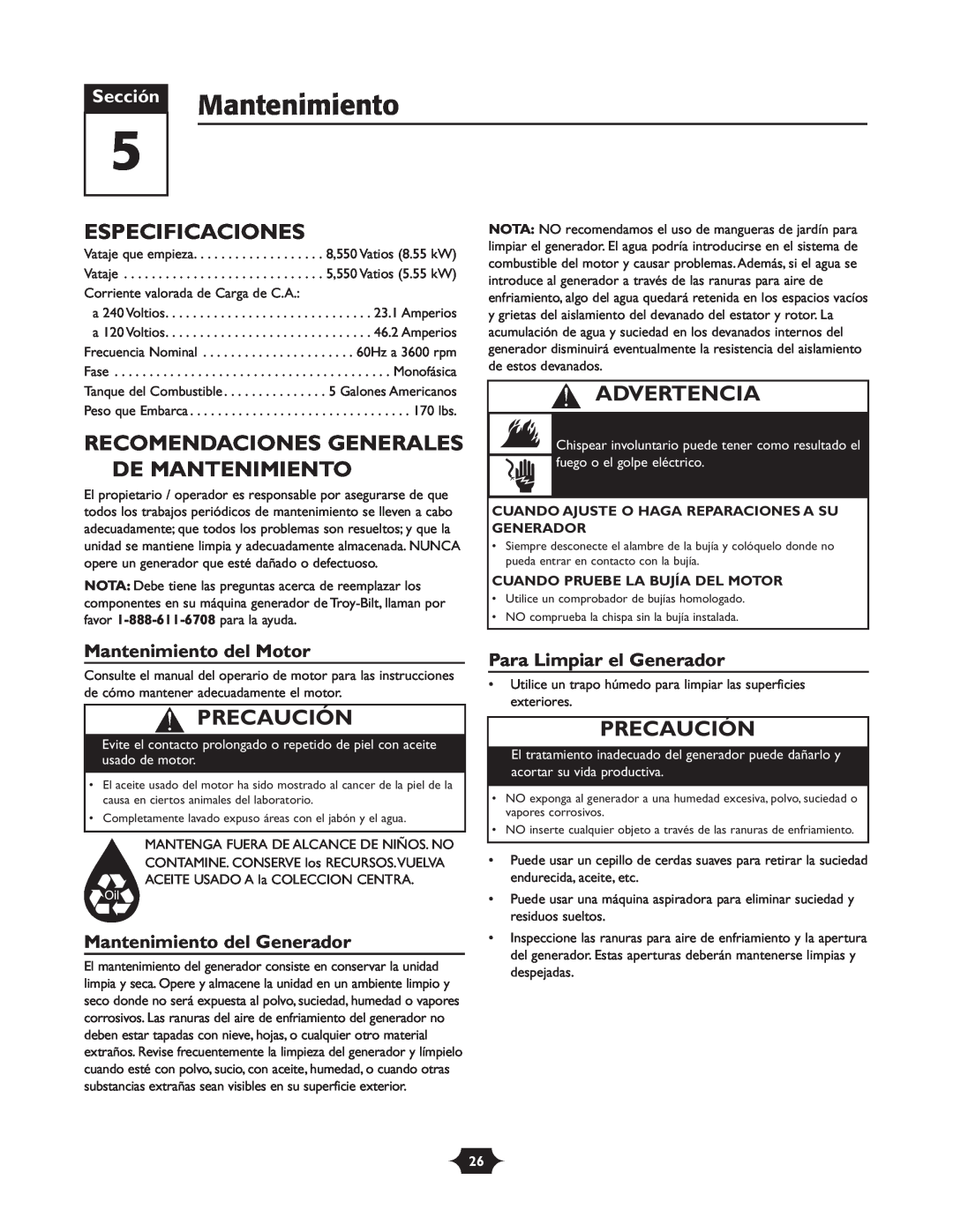 Troy-Bilt 030245 Especificaciones, Recomendaciones Generales De Mantenimiento, Mantenimiento del Motor, Advertencia 