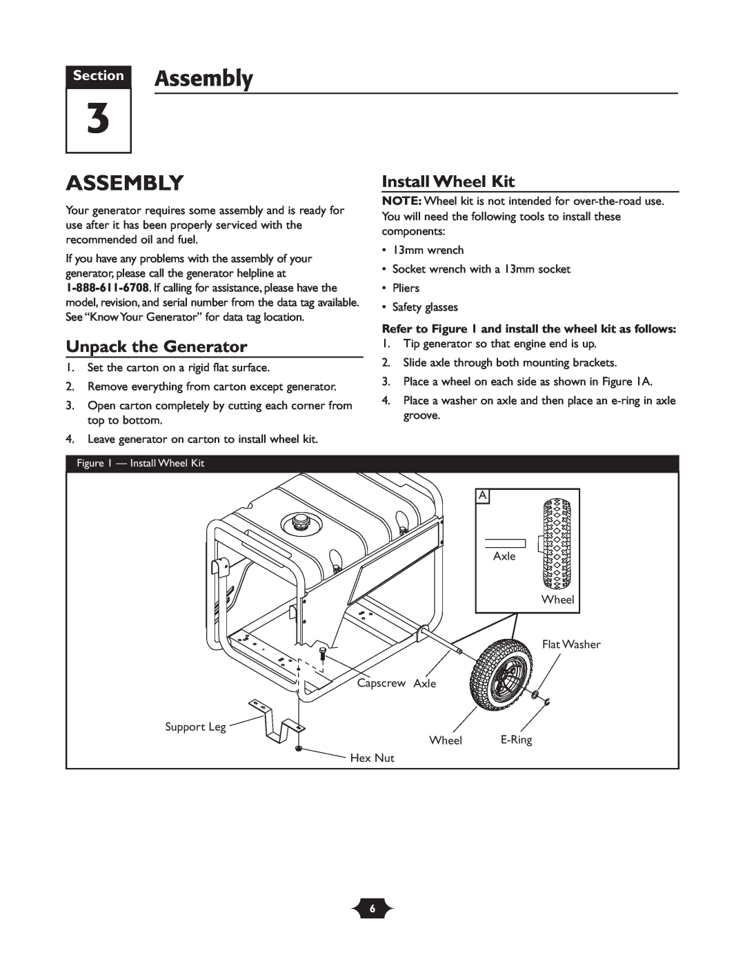 Troy-Bilt 030245 manual Install Wheel Kit, Unpack the Generator, Section Assembly 