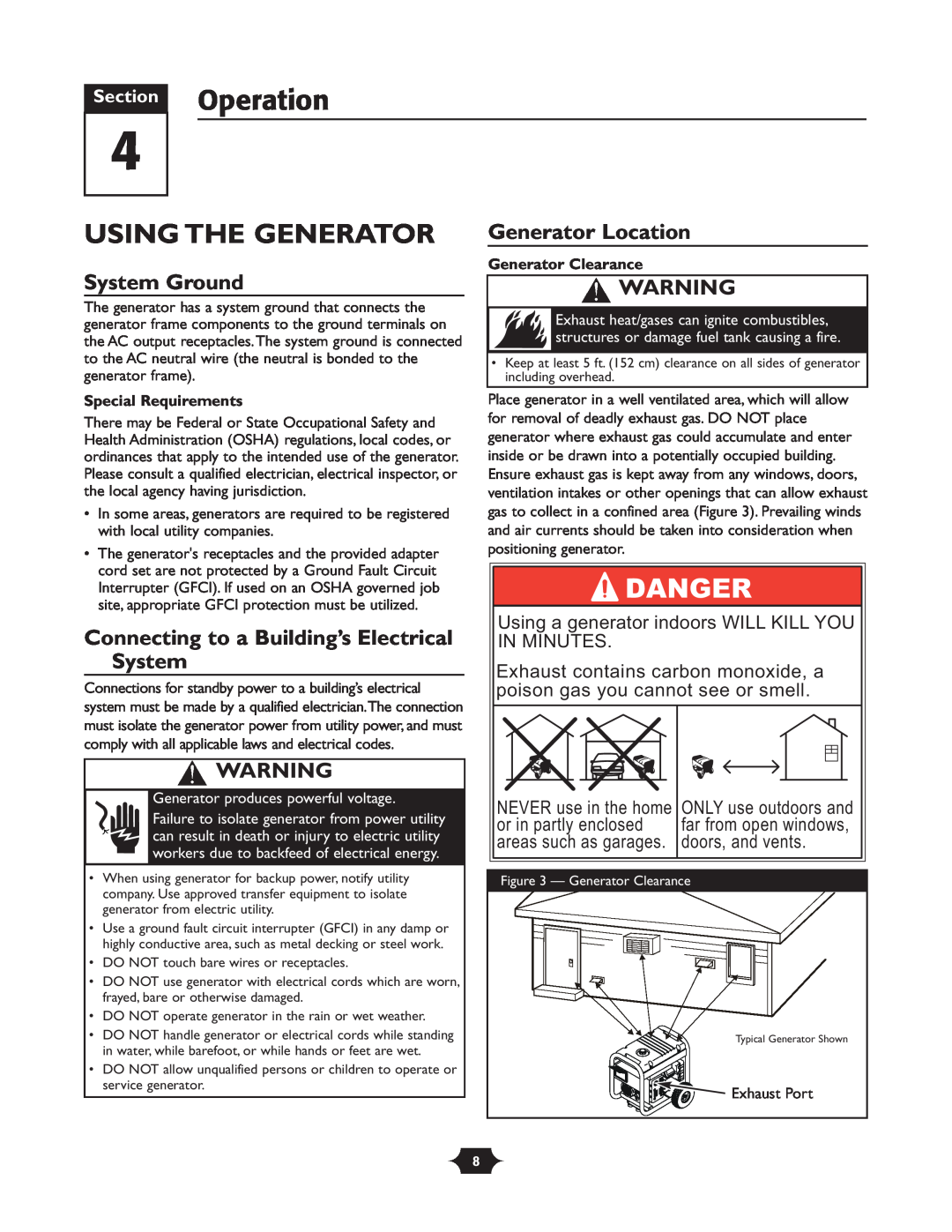 Troy-Bilt 030245 manual Section Operation, Using The Generator, System Ground, Connecting to a Building’s Electrical System 