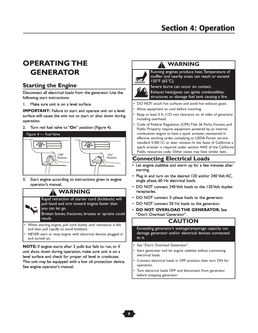 Troy-Bilt 030245 manual Operation, Operating The Generator, Starting the Engine, Connecting Electrical Loads 