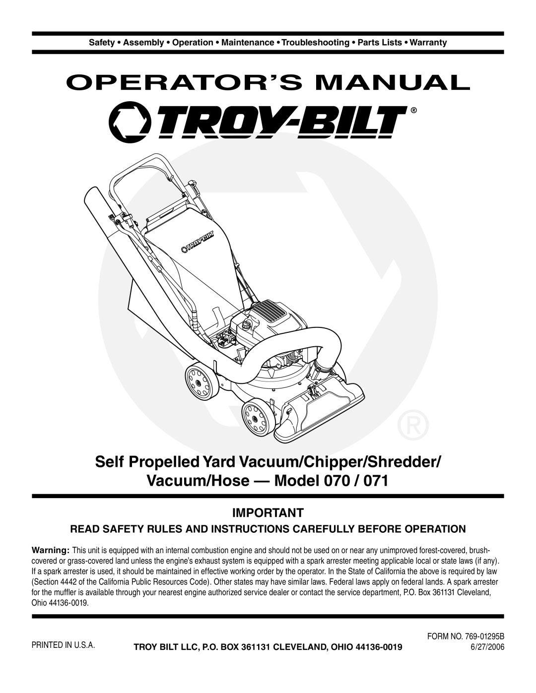 Troy-Bilt 071, 070 warranty OPERATOR’S Manual, 27/2006 