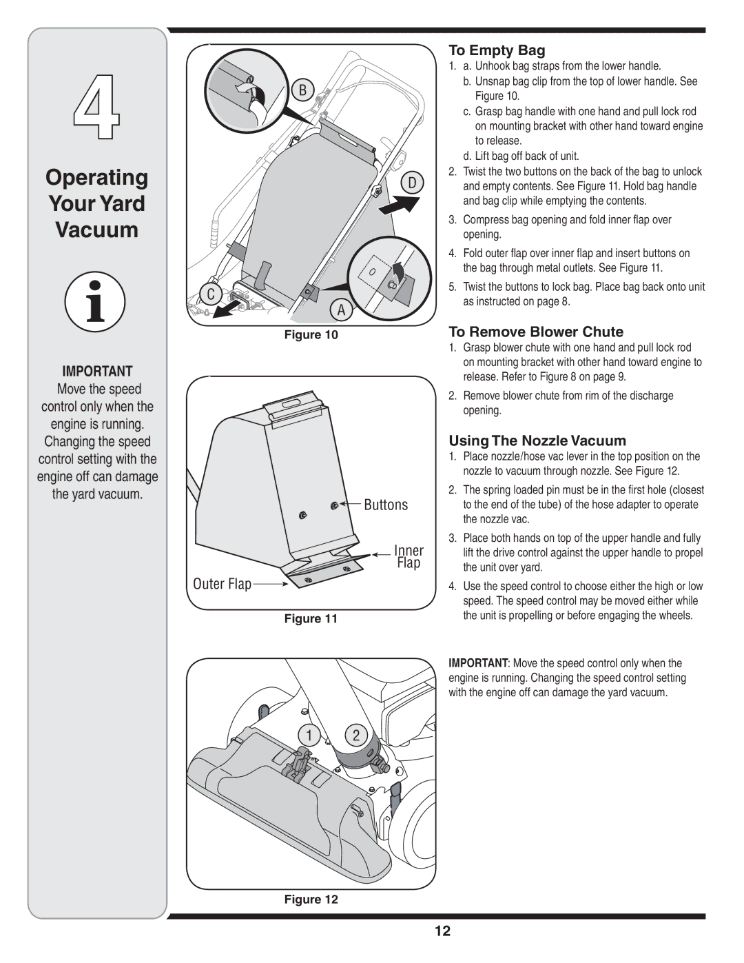 Troy-Bilt 070, 071 warranty Operating, To Empty Bag, To Remove Blower Chute, Using The Nozzle Vacuum 