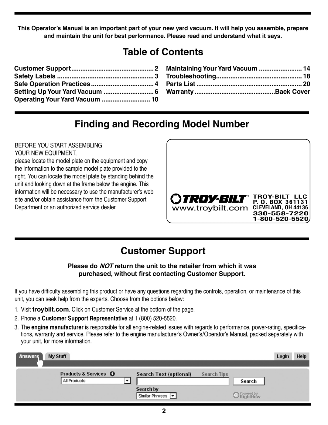 Troy-Bilt 070, 071 warranty Table of Contents, Finding and Recording Model Number, Customer Support 