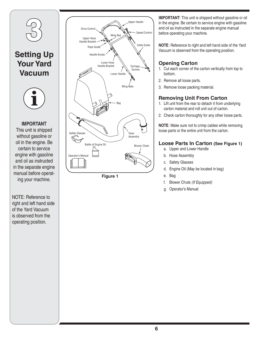 Troy-Bilt 070, 071 warranty Setting Up Your Yard Vacuum, Opening Carton, Removing Unit From Carton, Loose Parts In Carton 